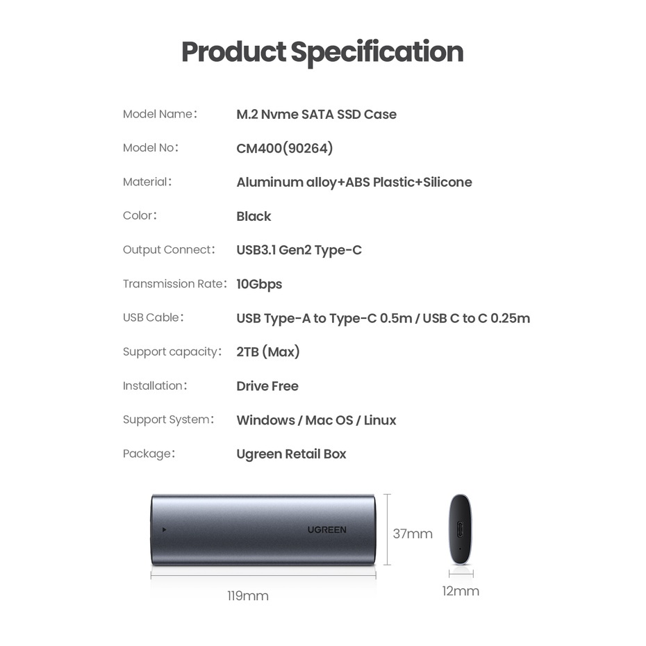 UGREEN M.2 NVMe SSD Casing Enclosure 10Gbps NVMe NGFF M2 SSD Dual Protocol PCIe SATA Case