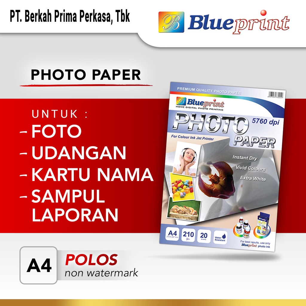 

Kertas Foto Glossy , Glossy Photo Paper BLUEPRINT A4 210 gsm Polos