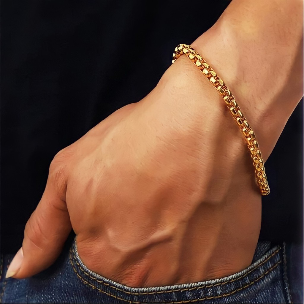 PROMO, Termuarh Gelang Pria Rantai Titanium Gold Emas Bracelet Cowok Laki Simpel Original Anti Karat