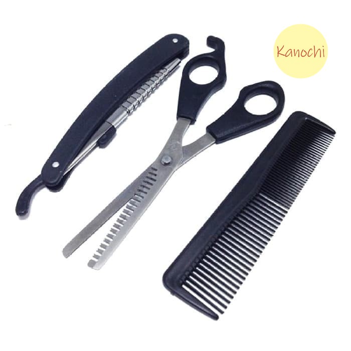 Gunting Sasak Set 3 in 1 3pcs 3in1 + Pisau Alat Cukur Lipat + Sisir