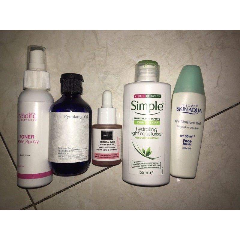 PRELOVED SKINCARE (nadhifa, Pyunkang Yul, Scarlet Brightening serum, Simple Moinsturiser, SkinAqua)