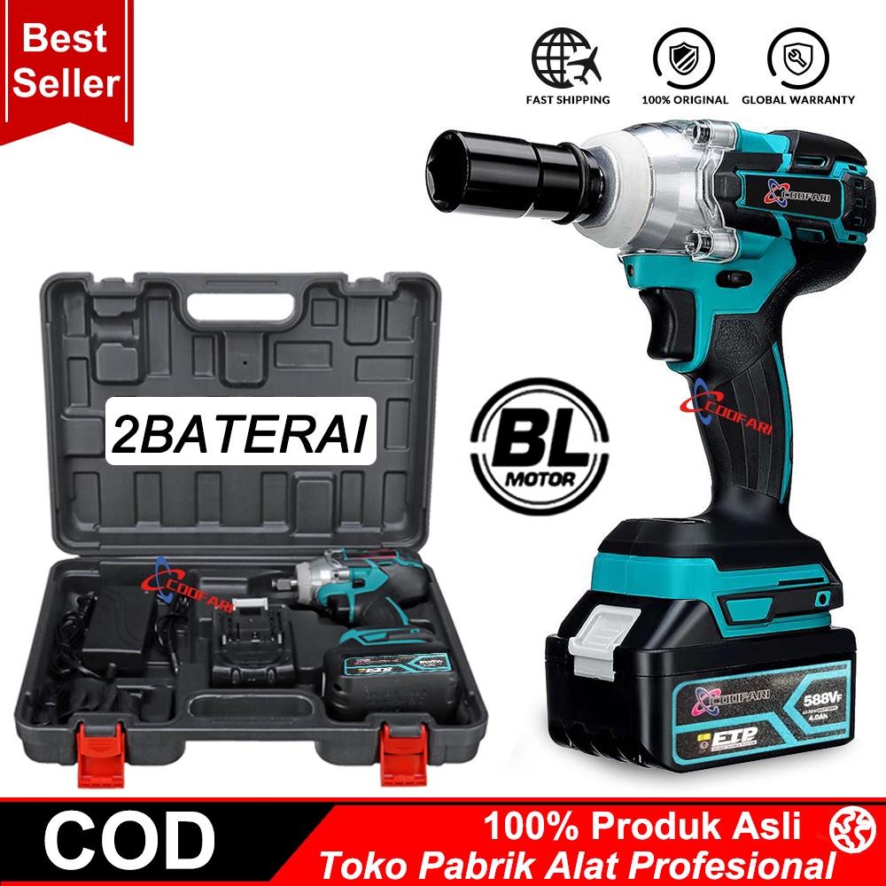 Coofari 895N.m 25800mAH Electric Brushless 588VF Cordless Impact Wrench With 2Buah Baterai and Plastic Case