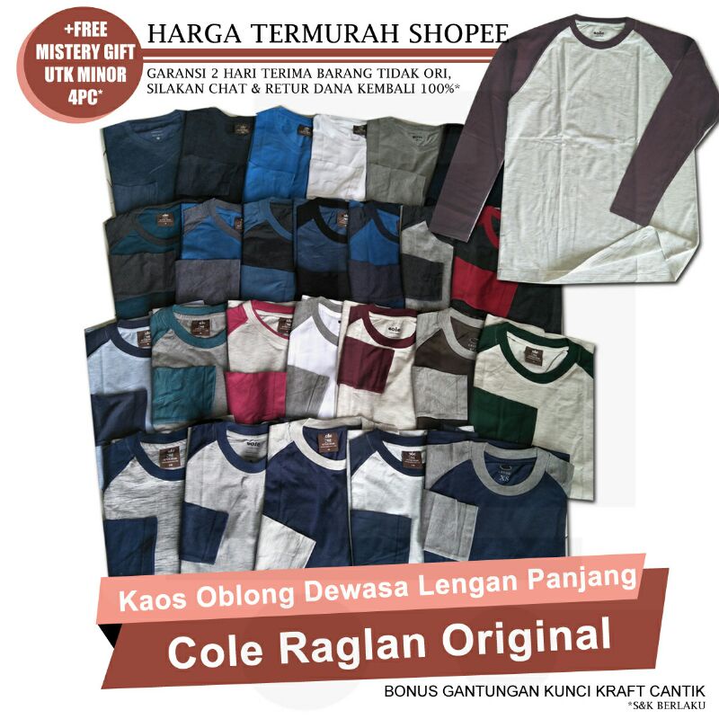KAOS TSHIRT BAJU PAKAIAN OBLONG RAGLAN POLOS COLE TANGAN PANJANG LENGAN PANJANG ORIGINAL PRIA DEWASA