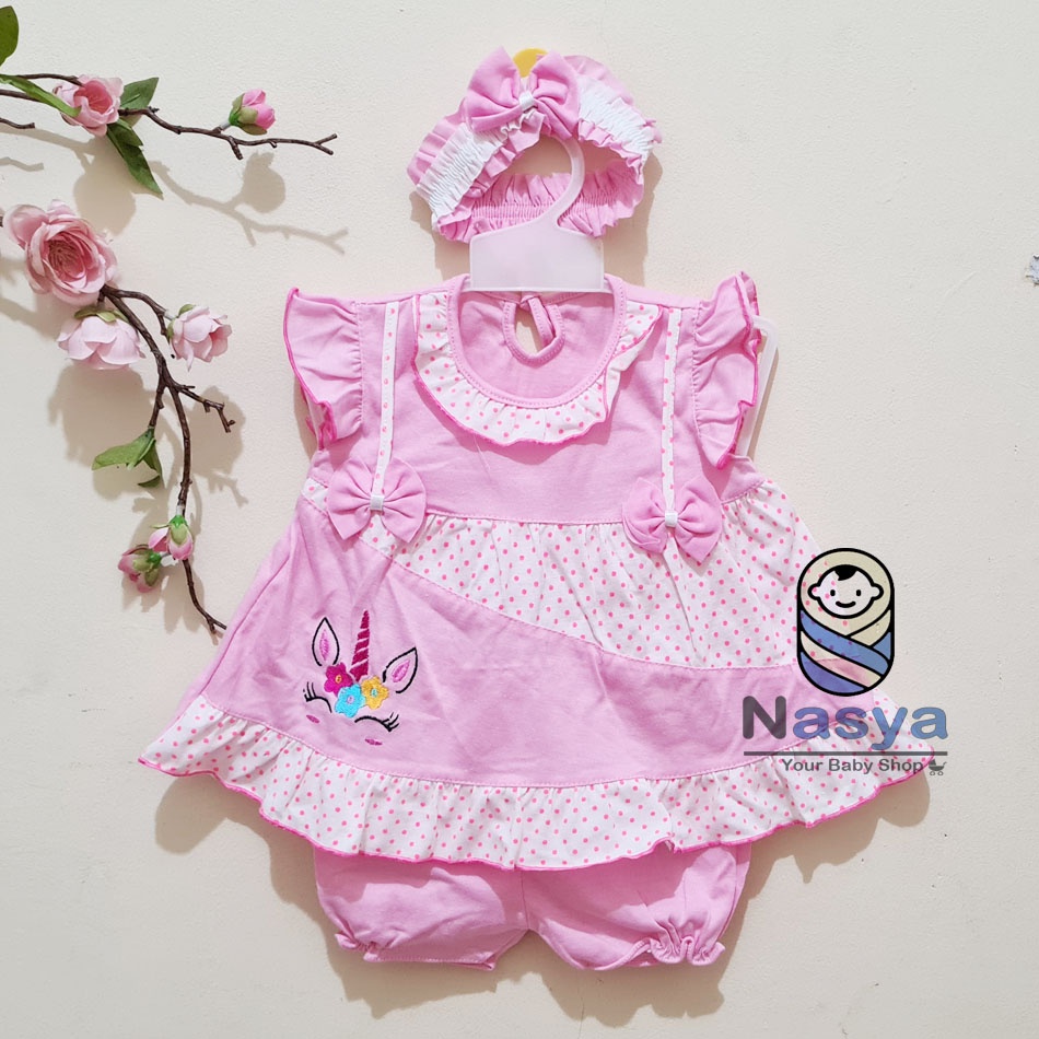 [P-062] Baju Bayi / Dress Bayi Perempuan 0-6 bulan Motif Bear (bonus bandana) 0-6 bulan