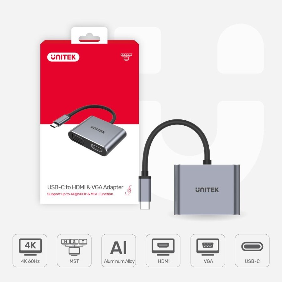 Adaptor Converter Type C to VGA HDMI V1126A UNITEK 4K 60Hz USB C HDMI