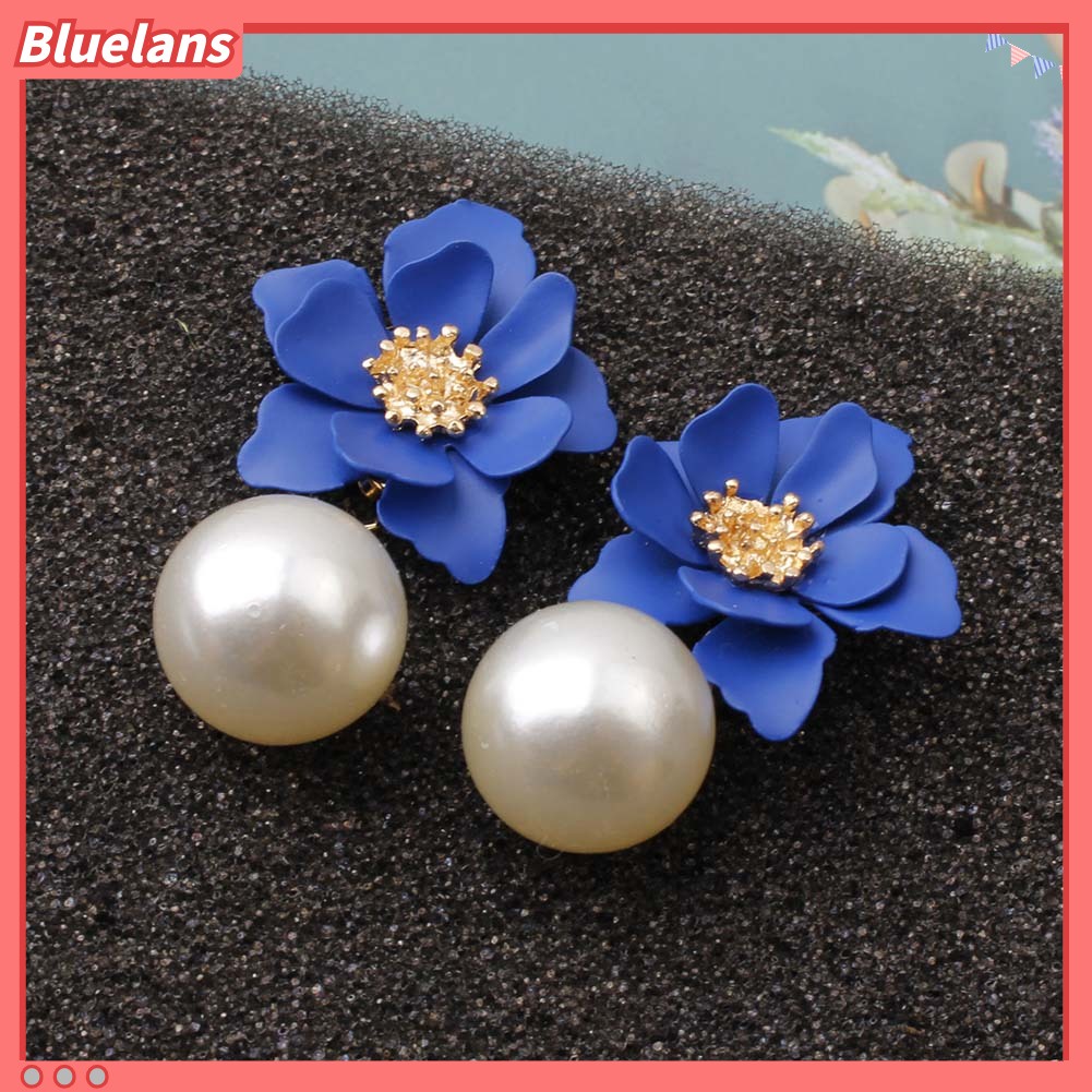 Bluelans Anting Tusuk Gantung Wanita Desain Bunga Resin Hias Mutiara Imitasi Untuk Musim Panas