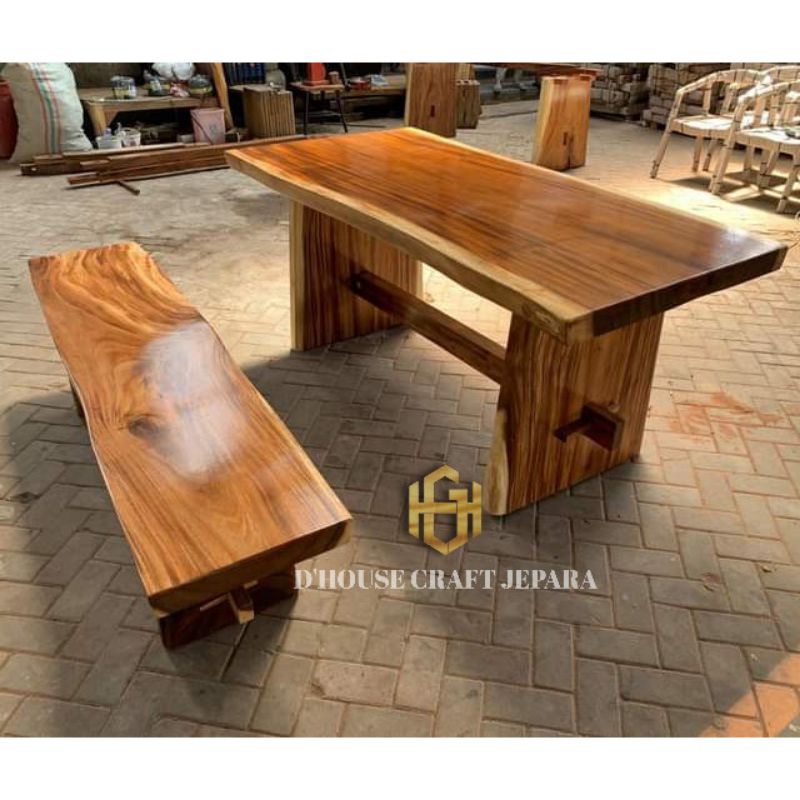 Set Meja Kursi Makan Cafe Kayu Trembesi Solid Panjang 180cm