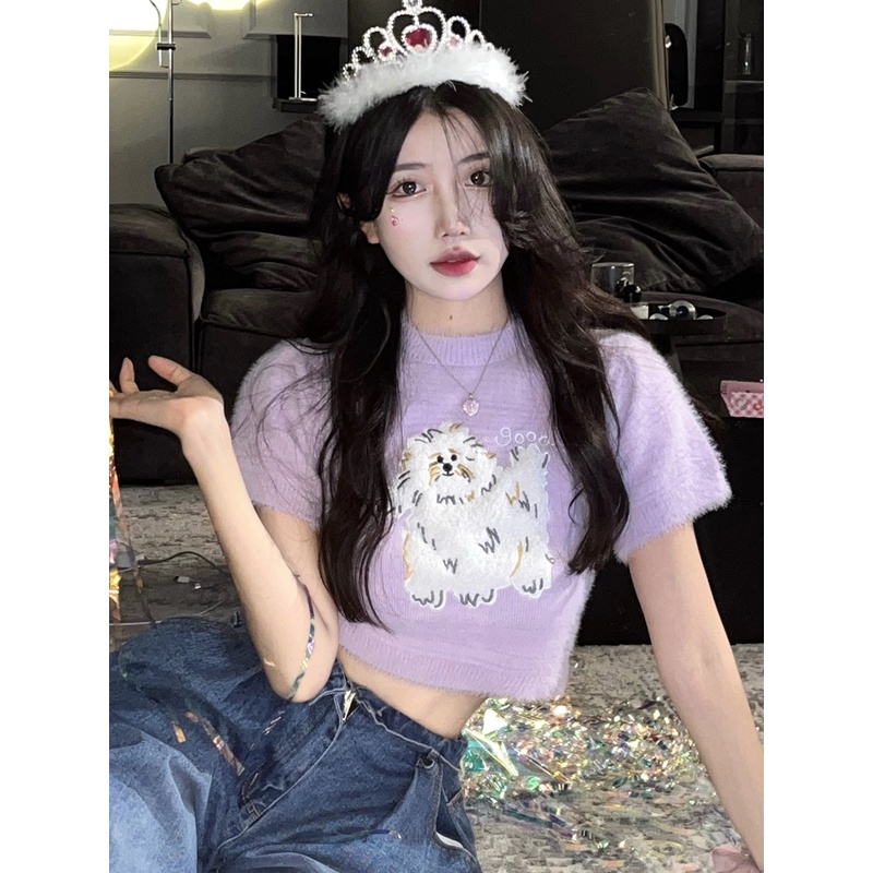 #Sisjuly# Wanita Murni Desire Lengan Pendek Sweater Rajut Wanita Musim Panas Pendek Gadis Panas Keta