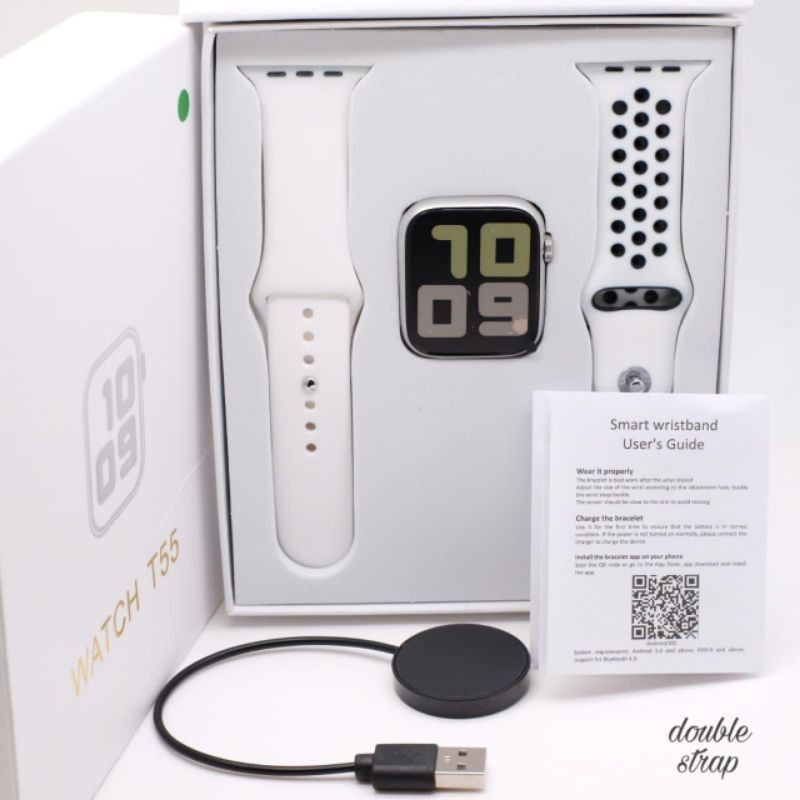 100%ORI COD JAM TANGAN Smartwatch T55 T500 DAPAT 2 TALI bisa telepon Bluetooth ganti wallpaper foto sendiri Notifikasi Sosmed Pemutar Musik Monitor Detak Jantung Tekanan Darah Wanita Pria Cewek Cowok-T55 Putih 2TALI
