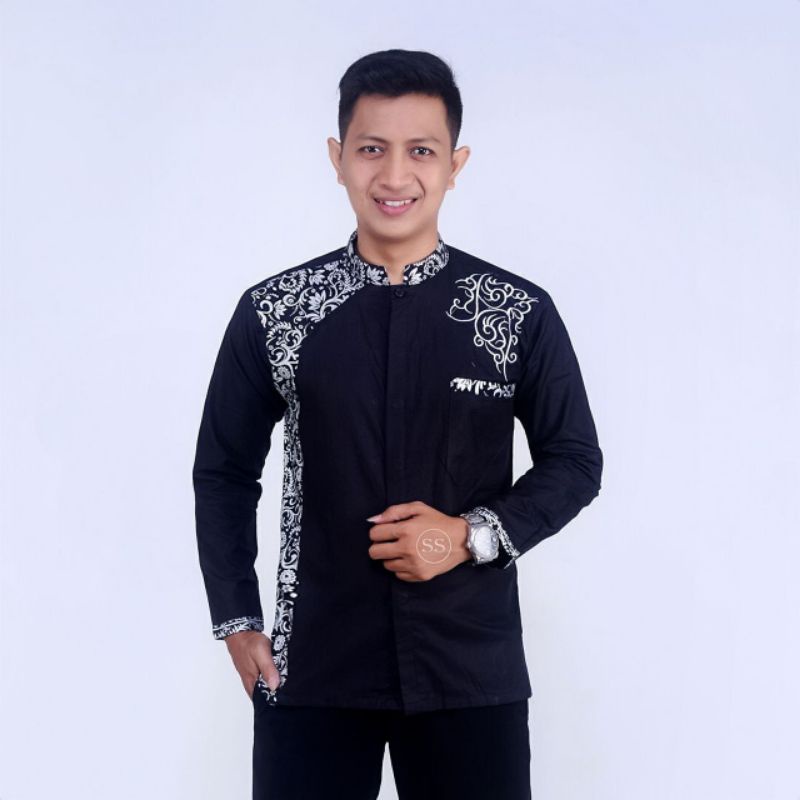 kemeja Koko KEMKO Kombinasi BAJU MUSLIM GUZ AZMI M L XL XXL bayar ditempat-Hitam