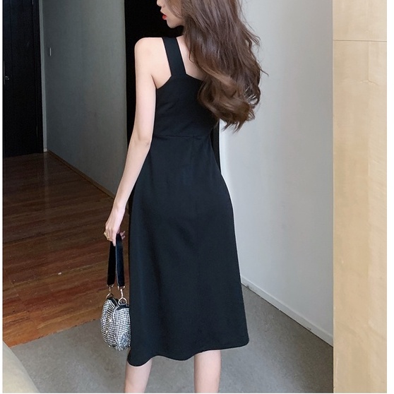 【SALE】Korean Midi Dress Botton A-Line Short Sleeve Dress Wanita Bahu Terbuka 1320 (S-XL)