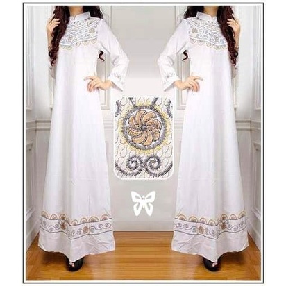 HOPYLOVY Gamis Maxi Dress Wanita Elegant Bordir Gamis Terbaru Putih Fitriza