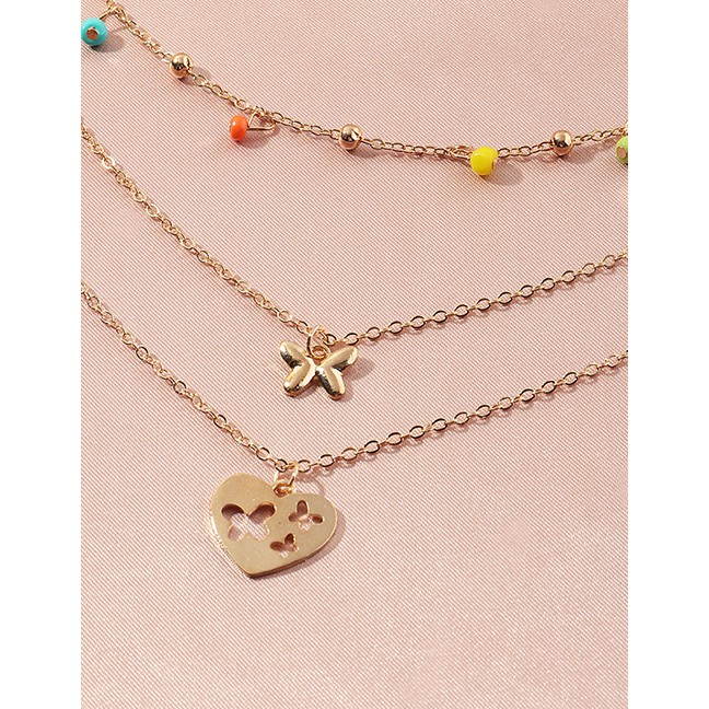 LRC Kalung Fashion Gold Color Love Butterfly Rice Bead Alloy Multilayer Necklace K98631