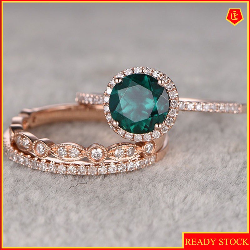 [Ready Stock]14K Rose Gold Micro-Inlaid Emerald Three-Piece Ring Set Elegant Graceful