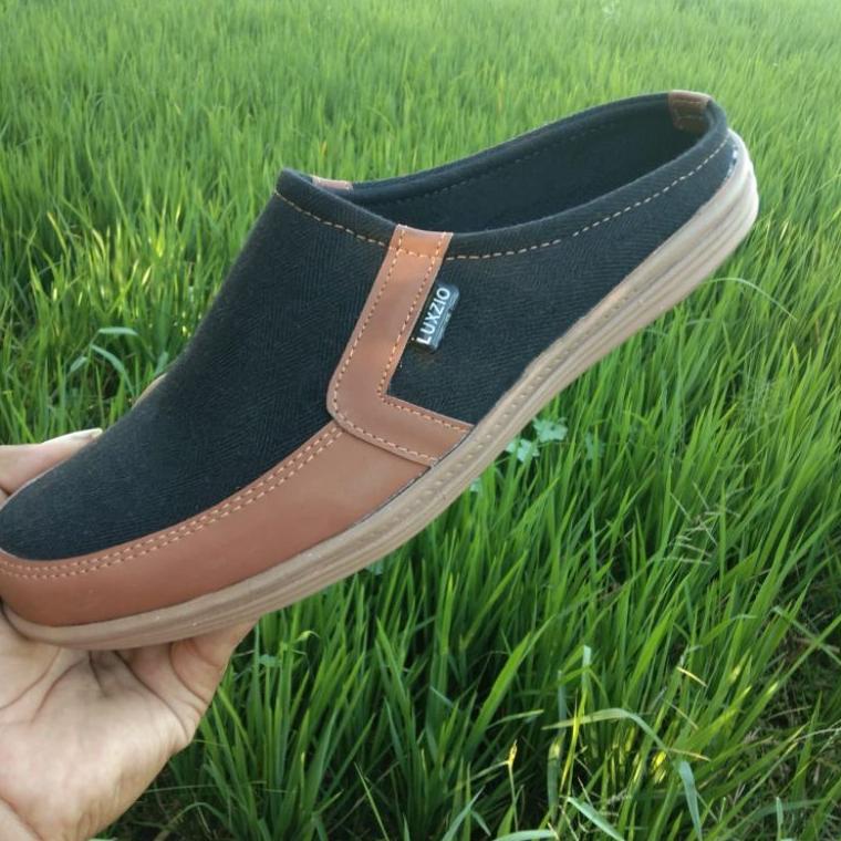 Sandal Selop Bustong Pria Slip On Jeans Slop Kasual Kulit Sintetis Premium Sol Lentur Kanvas Cowok "