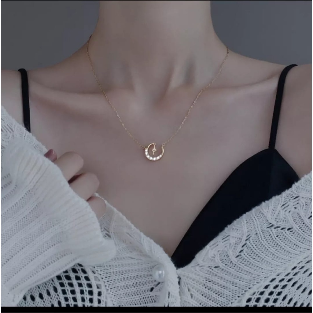 Kalung Titanium Premium model fuji liontin permata satu /Kalung wanita titanium anti karat Ala Korea Untuk Wanita Rantai Choker