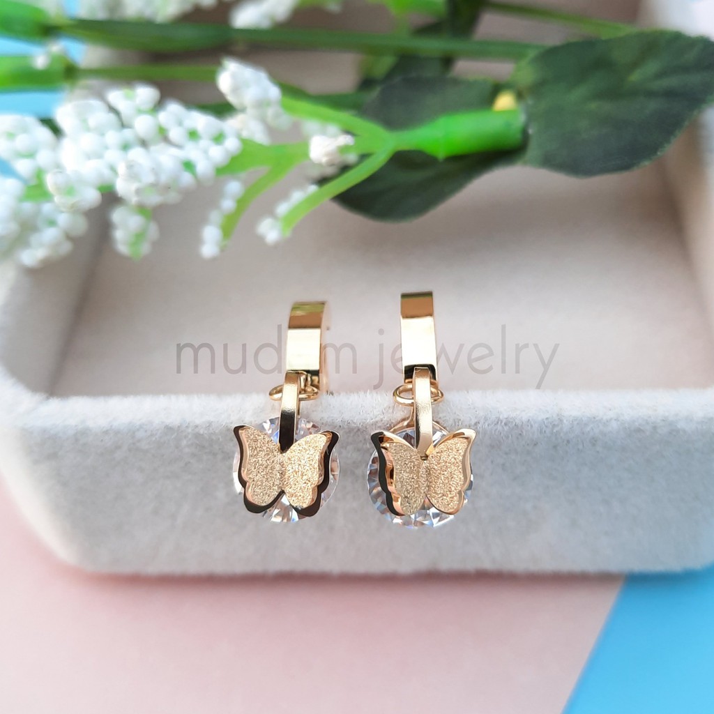 Anting Titanium Kupu-Kupu Diamond Juntai Untuk Wanita Fashion Warna Rose Gold, Gold dan Silver