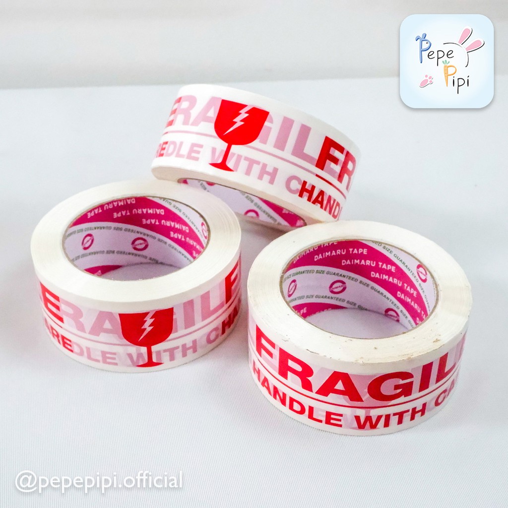 Lakban Putih Fragile Jangan di banting Daimaru &amp; Nanko Lebar 2 inch Panjang 100 yard