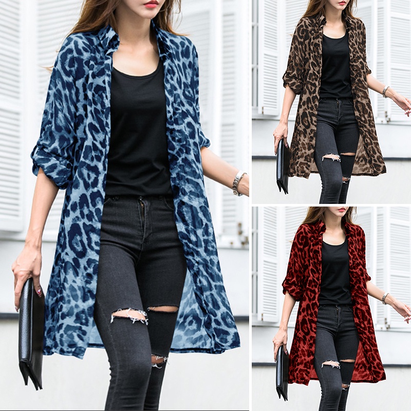 ZANZEA Women Sheer Mesh Long Sleeve Leopard Printed Casual Cardigan