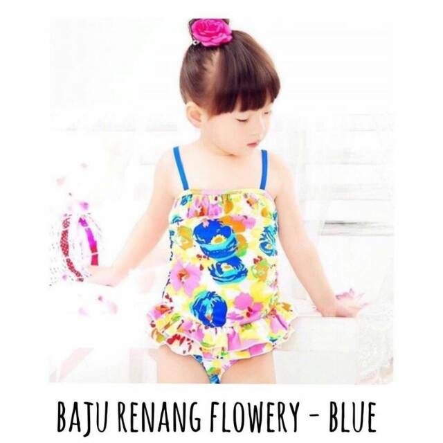  Baju  Renang Swimsuit Bunga Flower Biru Import Murah  Cantik 