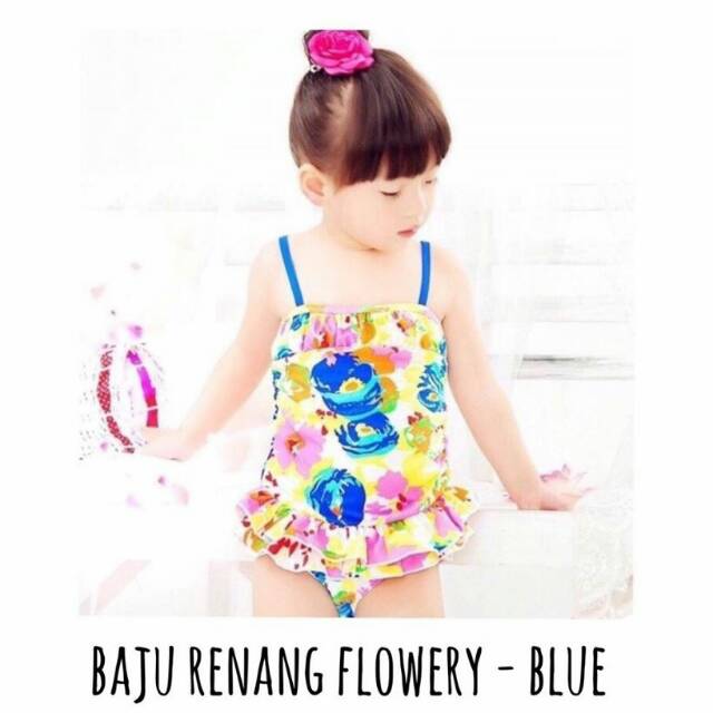  Baju  Renang  Swimsuit Bunga Flower Biru Import Murah  Cantik 