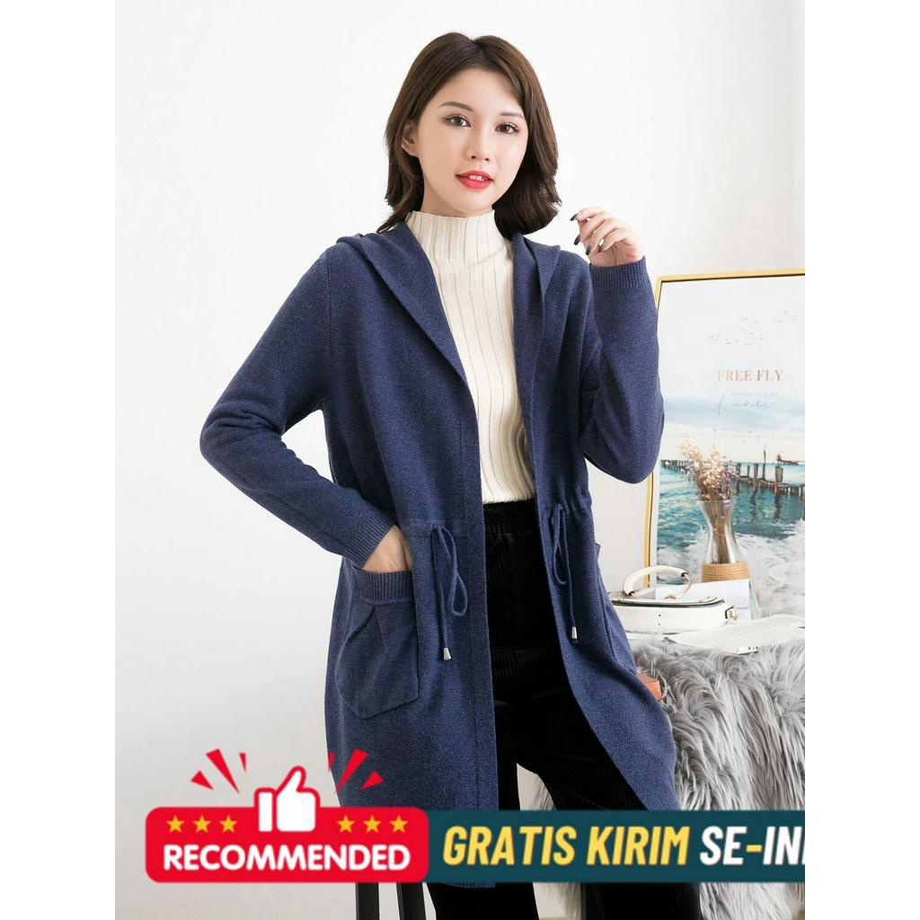 Cardigan Wanita Premium Musim gugur dan musim dingin Korea Versatile Long Cardigan Hooded Cardigan C
