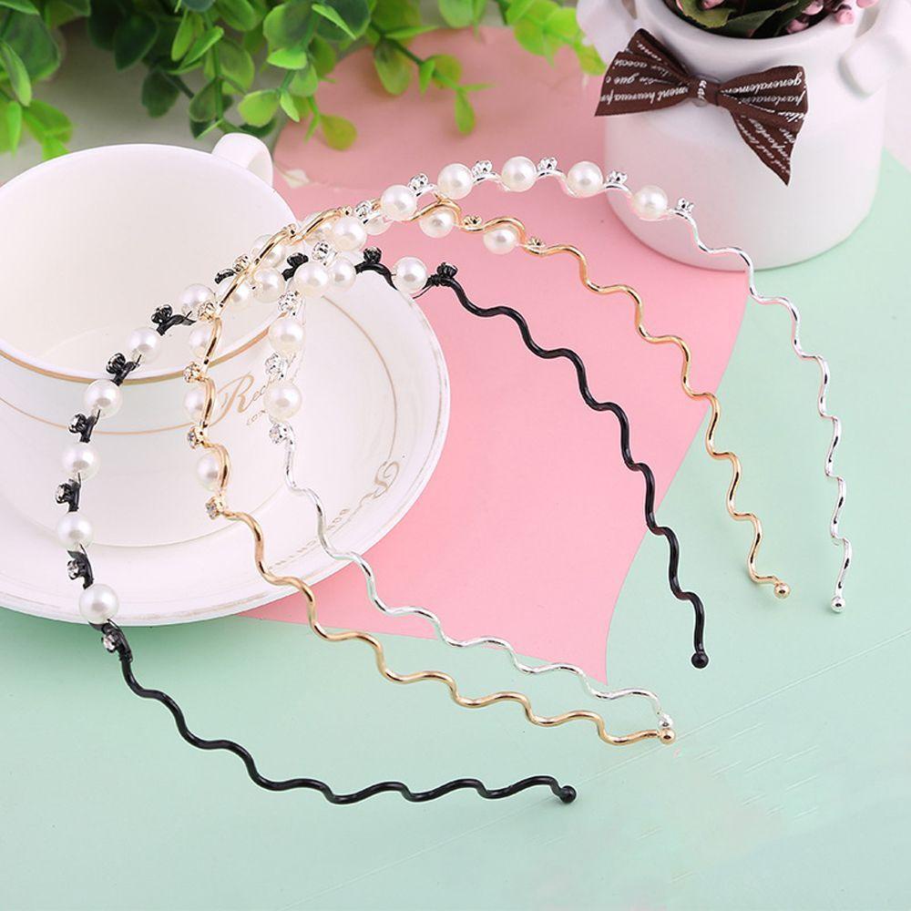 NEEDWAY Mutiara Kristal Gelombang Hairband Hadiah Aksesoris Pesta Kepala Rantai Berlian Imitasi Bling Headband Metal