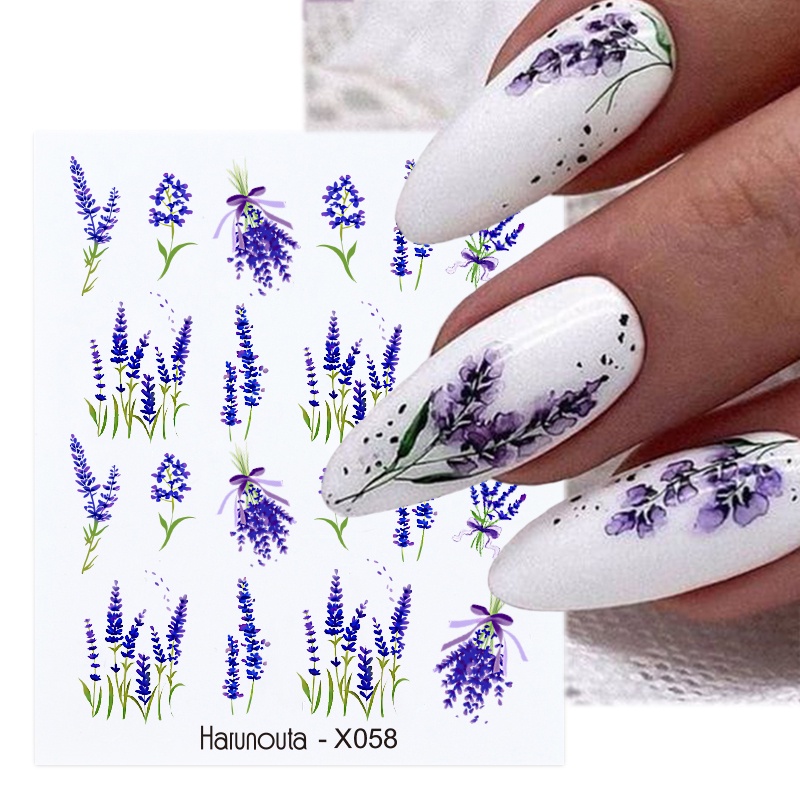 Harunouta 1 Lembar Stiker Decal Transfer Air Motif Bunga Lavender / Daun Untuk Nail Art / Manicure DIY