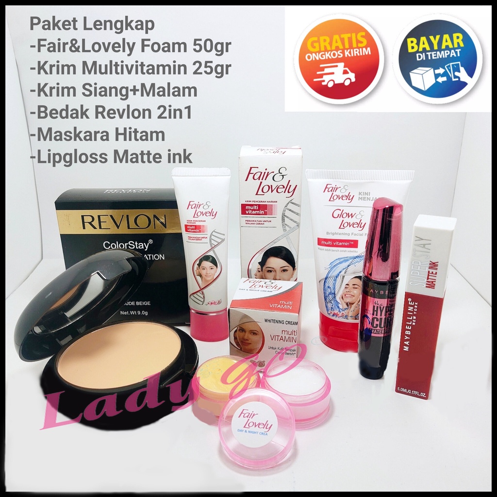 Paket 6in1 Fair&amp;Lovely-Glow&amp;Lovely Facial Foam 50gr+Krim Multivitamin 25gr+Krim Siang+Malam+Bedak Revlon 2in1+Maskara+Lipgloss Matte Ink