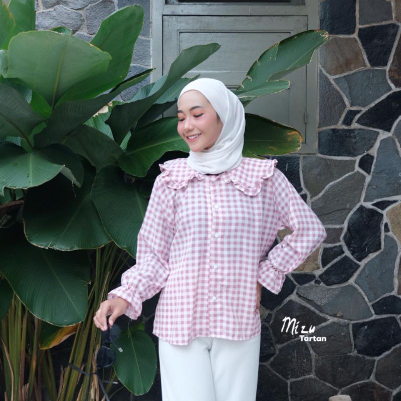 BLOUSE MIZU TARTAN / BLOUSE TARTAN KOREAN STYLE / BLOUSE KOTAK KOTAK KERAH REMPEL-2