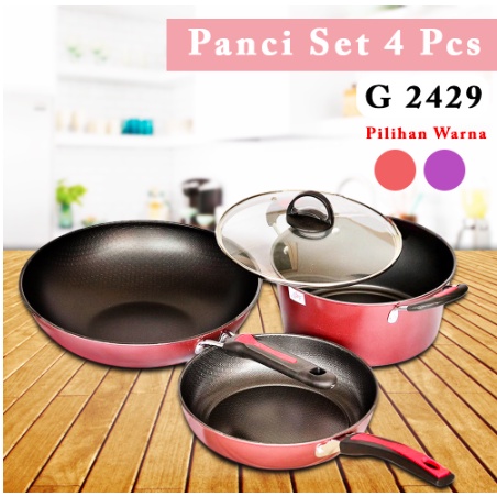 Panci Set Wajan Teflon G 2429 Anti Lengket - 4 Pcs Warna