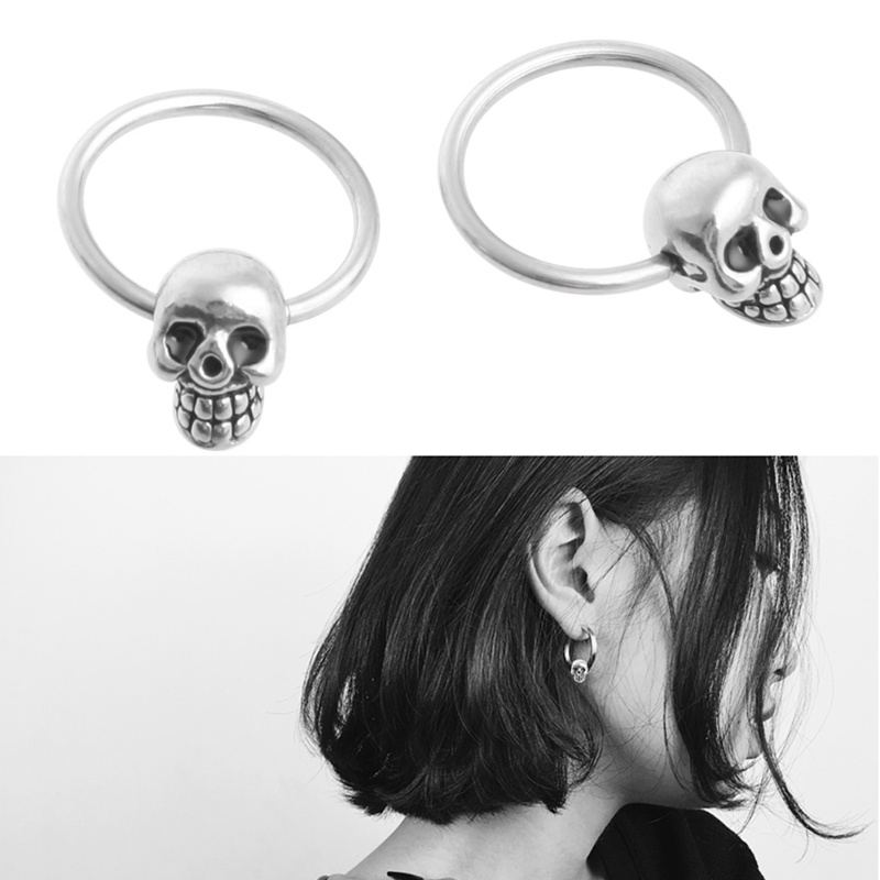 SIY  1 Pair Stainless Steel Skull Round Hoop Loop Earrings 0.39x0.28&quot;