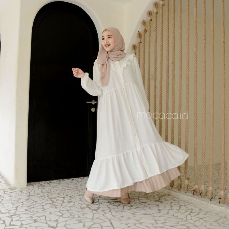 midi dress ootd hijab sontog katun rayon crincle airflow rempel bw putih hitam pink biru soft baby