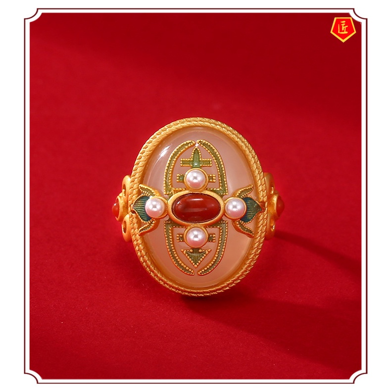 [Ready Stock]Hetian Jade Gold Ring Retro Elegant