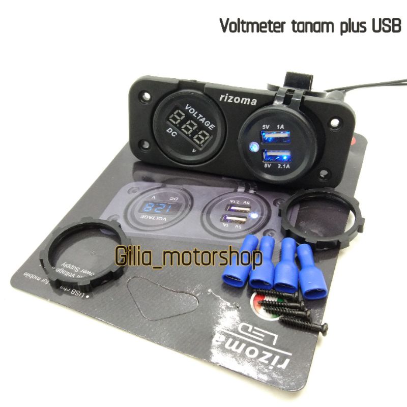 Voltmeter/charger Hp USB Rizoma LED Model tanam Universal Motor