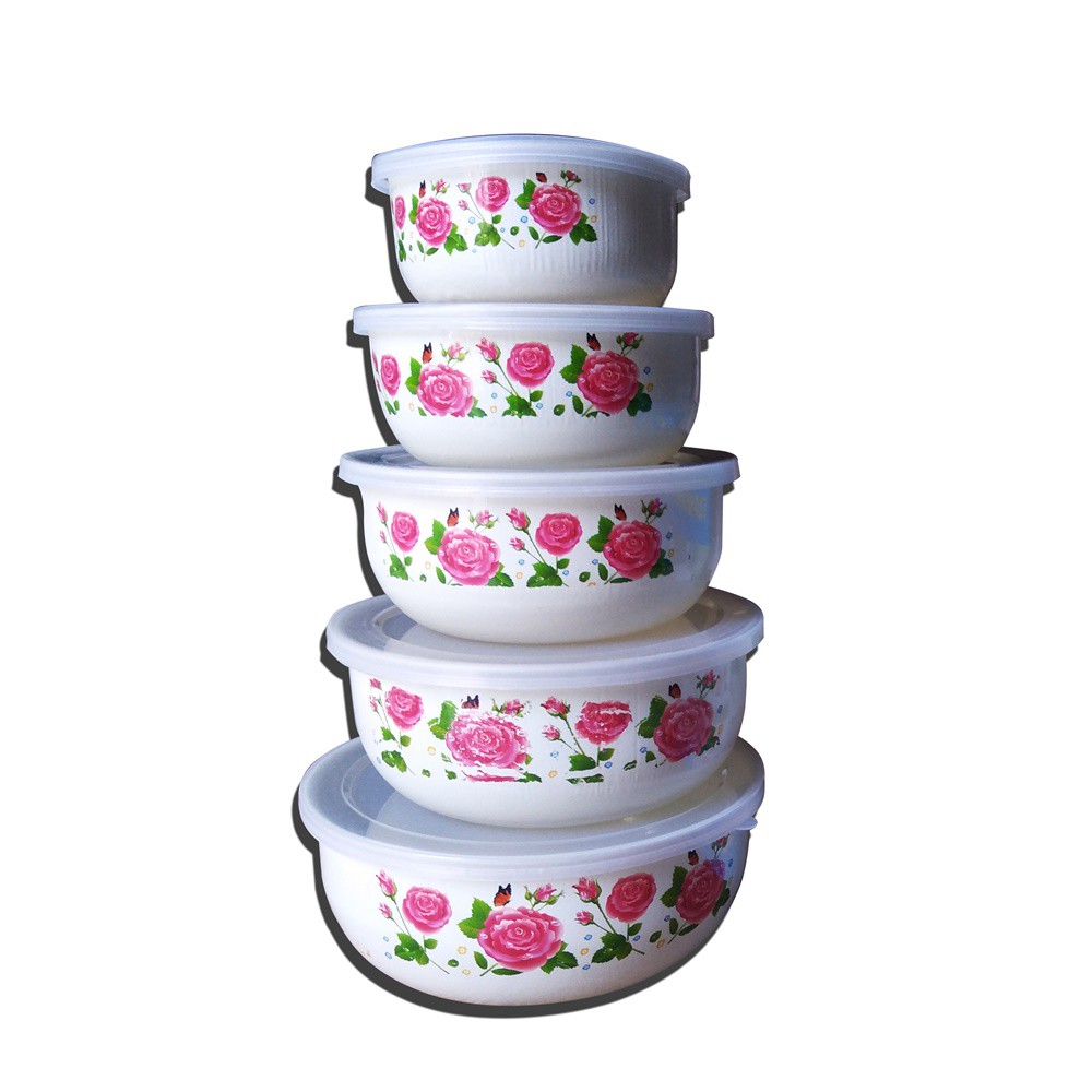 Mangkuk Enamel Mixing Bowl GSF Motif 5 pcs dan Tutup