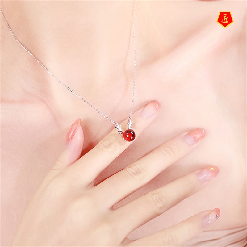 [Ready Stock]925 Silver Garnet Elk Necklace Japan and South Korea Sweet and Simple