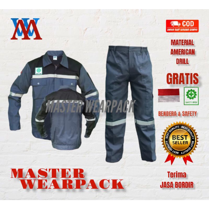 Wearpack Safety SETELAN warna ABU HITAM/Lengan Panjang