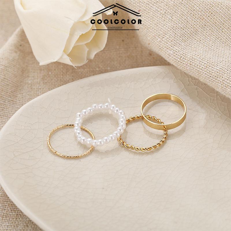 Murah❤️4 Pcs/Set Korea Wanita Mutiara Cincin Wanita Emas Cincin Logam Set Fashion Perhiasan Aksesoris- cl