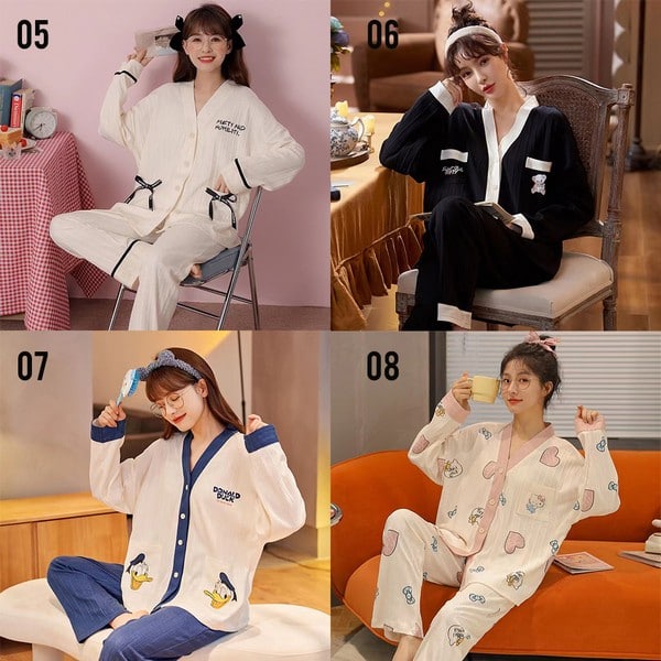 BARULIN9078 Setelan Baju Tidur Panjang Wanita Kerah Kimono Bahan Katun Kaos Piyama Premium