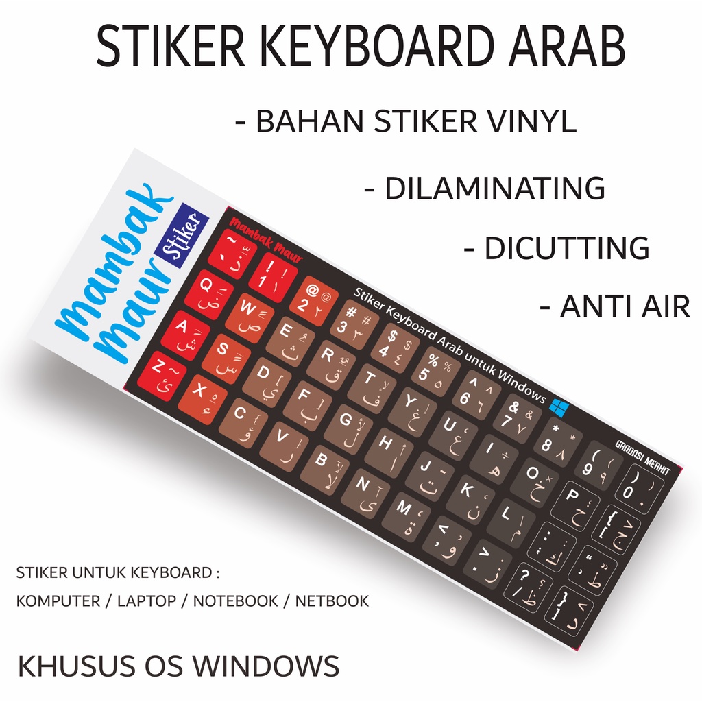 STIKER KEYBOARD ARAB WARNA BAHAN VINYL SUDAH DICUTTING DAN DILAMINATING - WARNA GRADASI MERAH HITAM