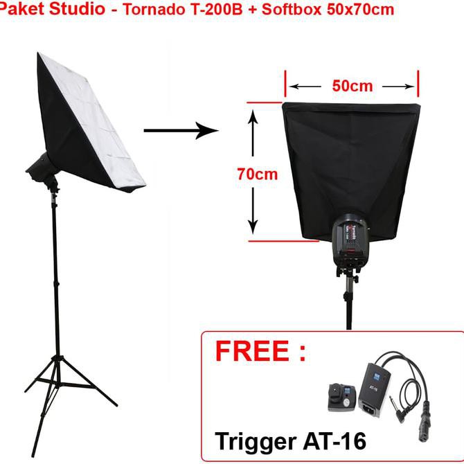 Premium Promo Tornado T-200B Paket Studio Lampu Flash + Softbox 50X70Cm & Trigger Murah
