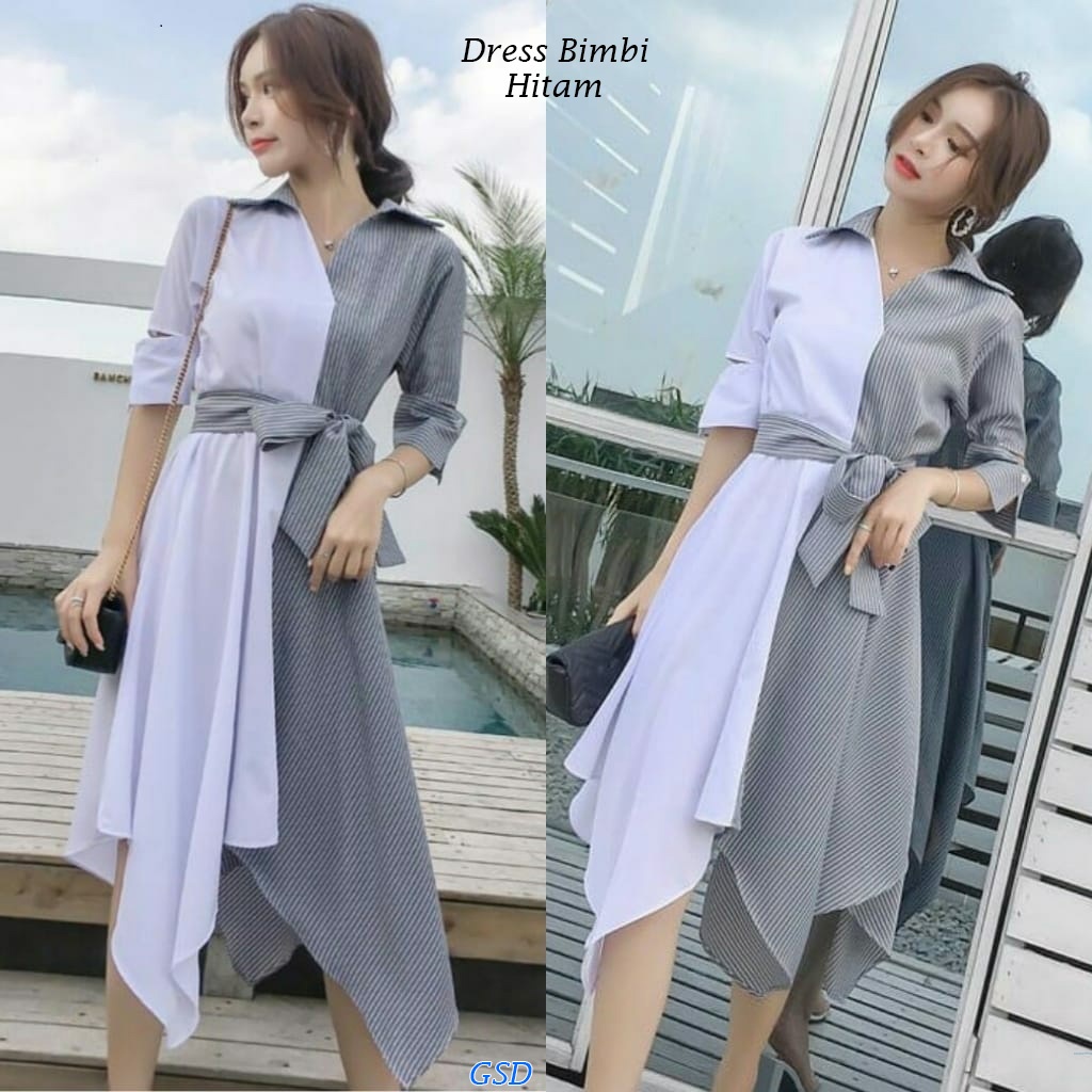 Bimbi /Baju Kasual Terusan Midi Dress Wanita Santai Kerah Kemeja Bahan Twiscone Kombi Katun Salur Ada Belt Size L