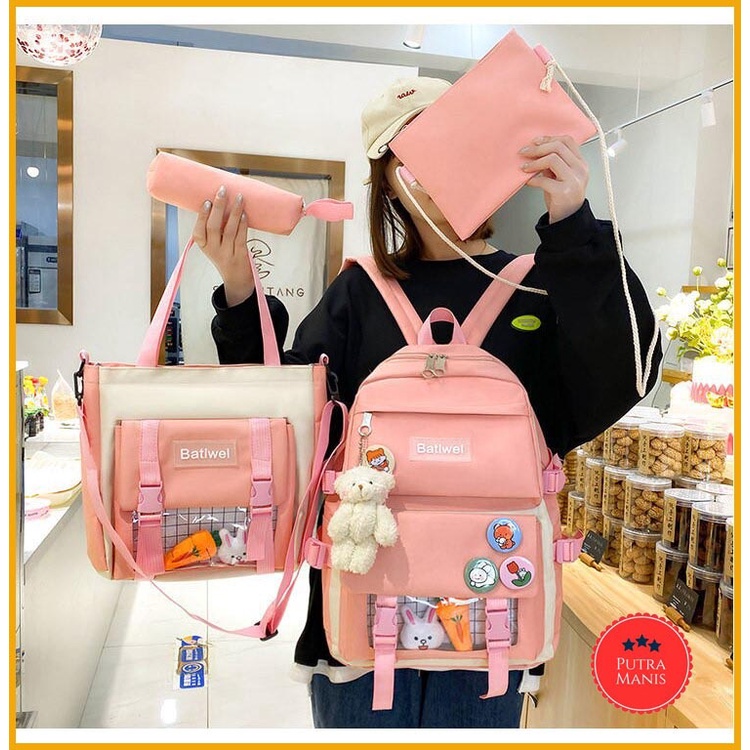 Paket tas ransel Set Tas 4 Casual Sekolah Tote Backpack Slingbag Pouch Dompet Wanita  rasel gendong 