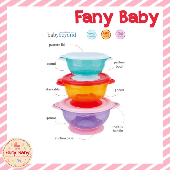 BABY BEYOND - BB 1063 3PK STACKABLE SUCTION BOWLS WITH LIDS