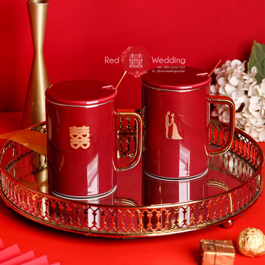 Gift Set Gelas Wedding Coffee Mug Bahan Keramik Warna Merah Motif Love Shuang Xi Double Happiness dapat Gift Box