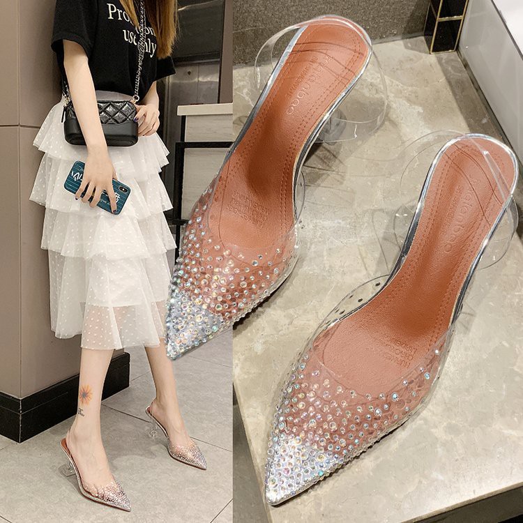 Korean Crystal Embellished PVC Transparant Pointy Glass Heels/Sepatu Hak Wanita C129 (35-39)