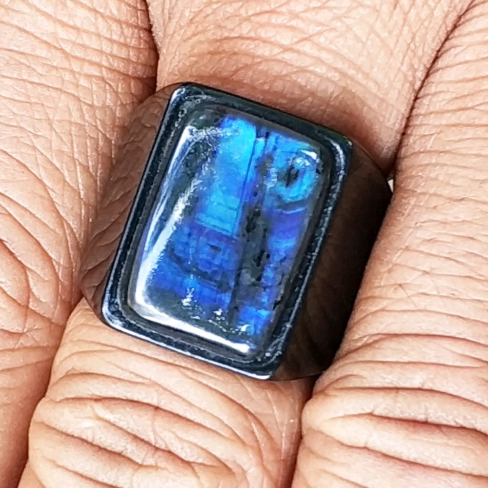 CINCIN LABRADOR BLACK BLUE NIGHT FELDSPAR OCTAGON BIRU BODYGLAS ASLI NATURAL