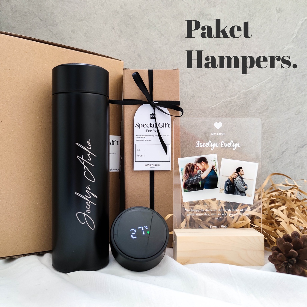 Paket Hampers isi Tumbler LED dan Akrilik Custom size A6 + Stand Kayu LED Hadiah Gift Kado Ultah Ulang Tahun Wisuda Cewek Cowok Pria Wanita