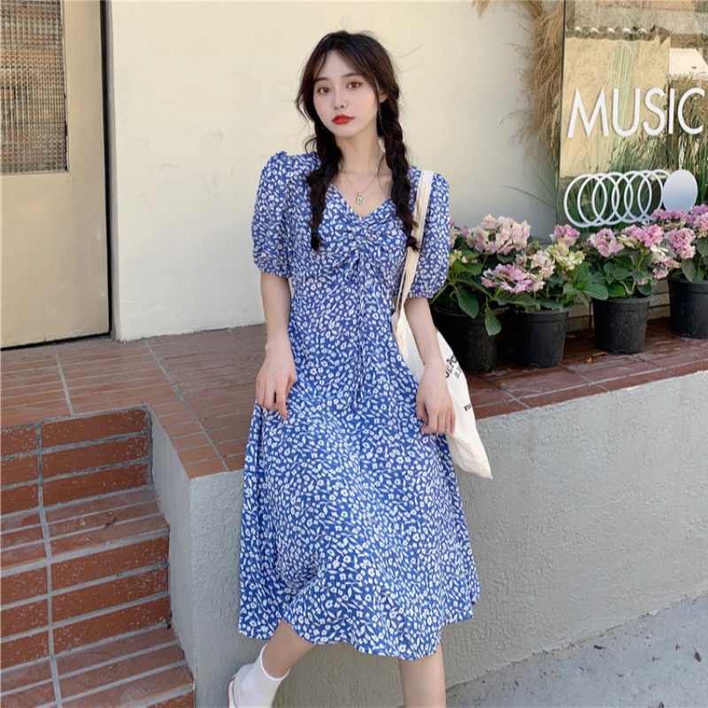 pakaian wanita korea COD 2022 New Fashion Korean Style daster kerut dada Black Blue Green Floral Short Sleeve Drawstring V Neck Midi dress wanita 2023 korea biru for Women Summer A-Line Casual tunik Dresses